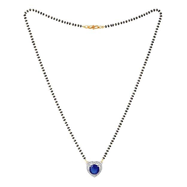 Gold & Rhodium Plated Stylish Heart Pendant Mangalsutra Chain With Black Beads & Blue Crystal For Women : OSAKMS001-2TNBLNK