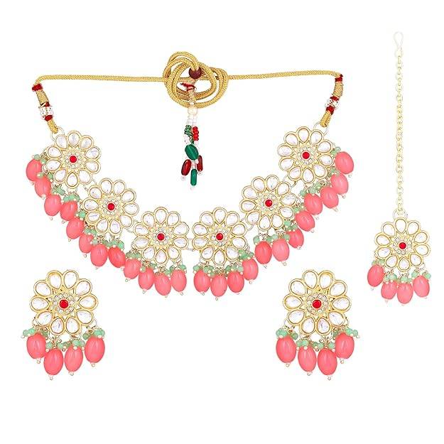 Estele Gold Plated Trendy Gehena Necklace Set & Maang Tikka With Mint Pink Beads For Women : PJ-034-IGMGMPNKERTK