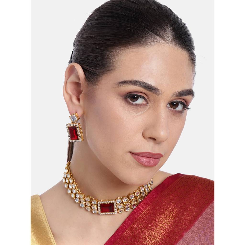 Gold Plated Kundan/Crystal Choker Necklace Earring Indian Traditional Jewellery Set For Women-Pf24N37 : PF24N37M