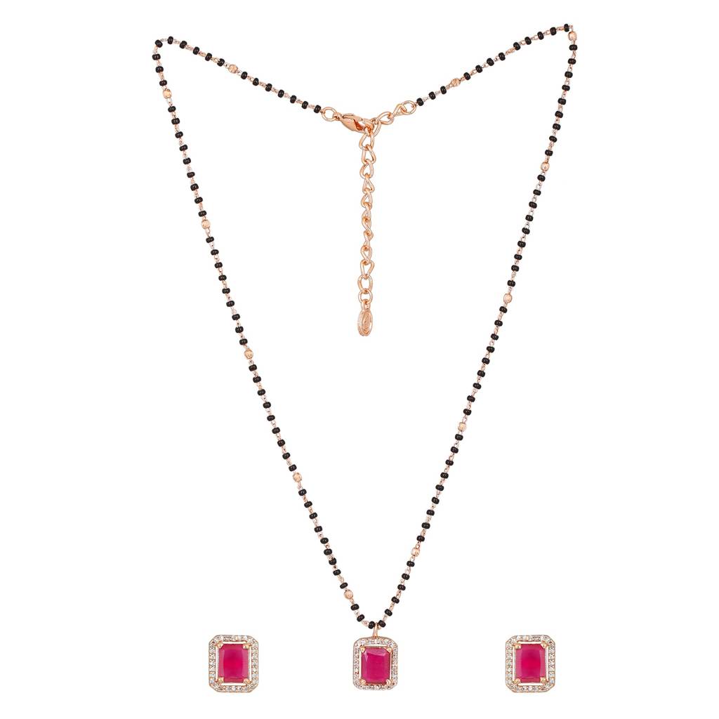 Estele Rose Gold Plated Cz Square Designer Mangalsutra Necklace Set With Ruby Stone For Women : ADMS041-RGRBNKER