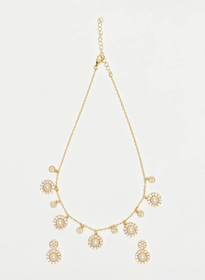Gold Toned Floral Design Pearl Beads Embedded Necklace Set : 8905124438598