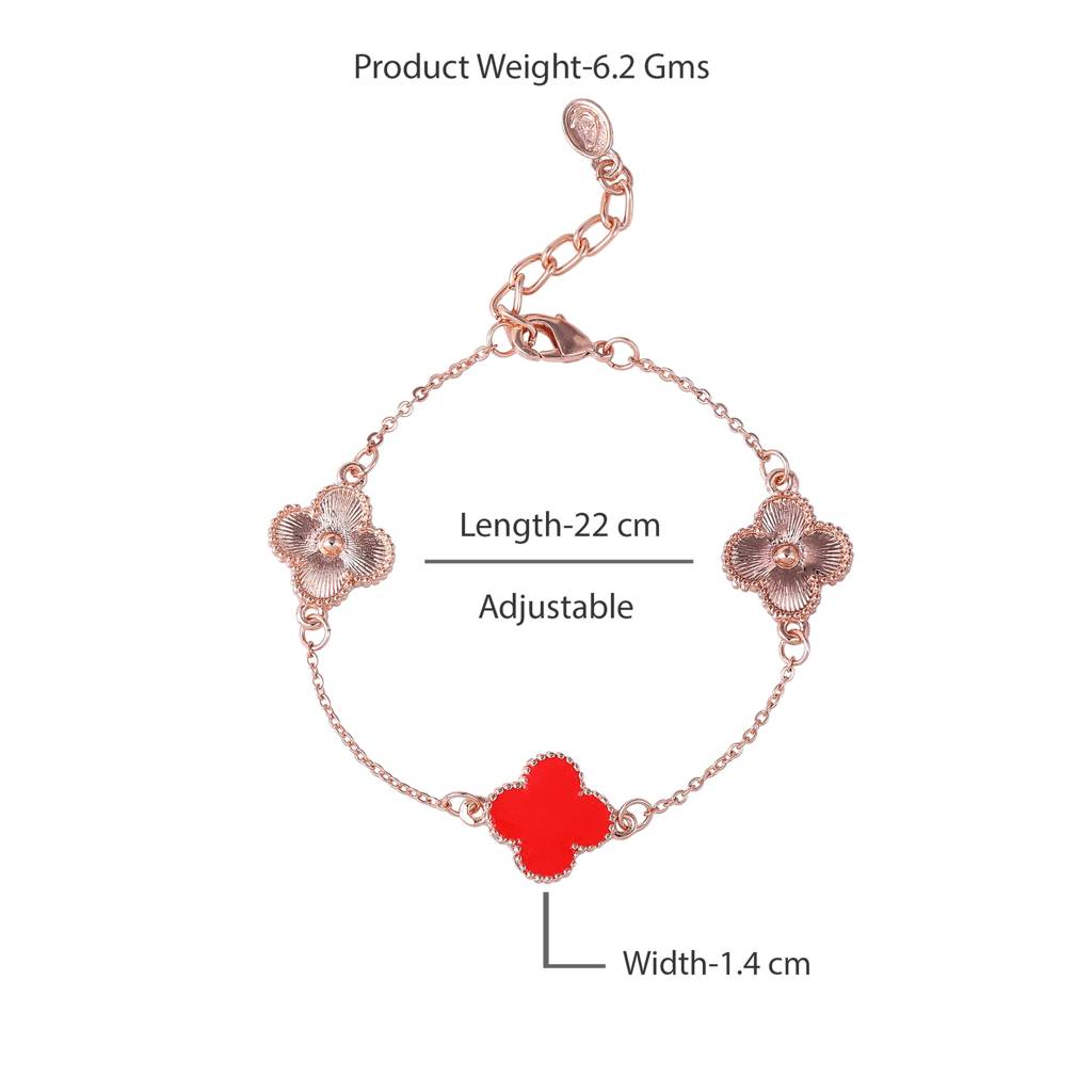Estele Rosegold Plated Fancy Red Clover Leafy Style Chain Link Adjustable Charm Bracelet For Girls And Women : 102183-RGRDBR
