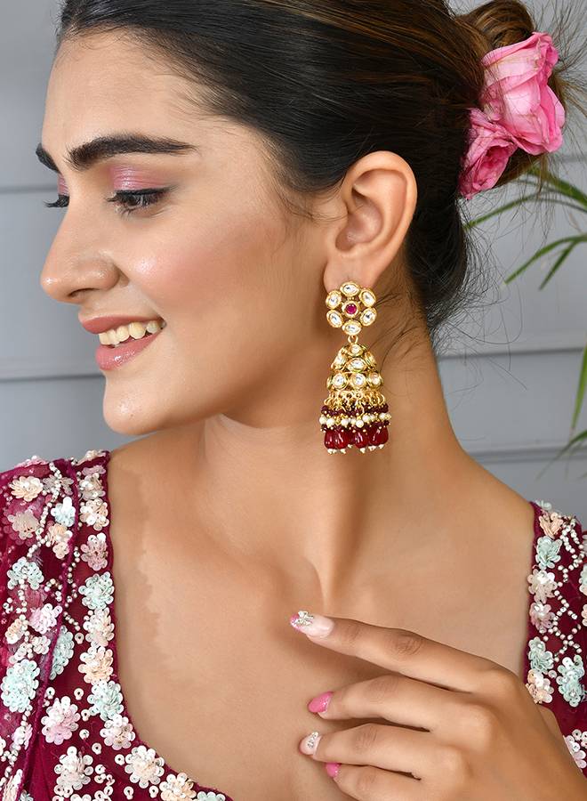 Kundan Elegance Pearl And Red Beads Faux Kundan Jhumka Earrings : 8905124504149