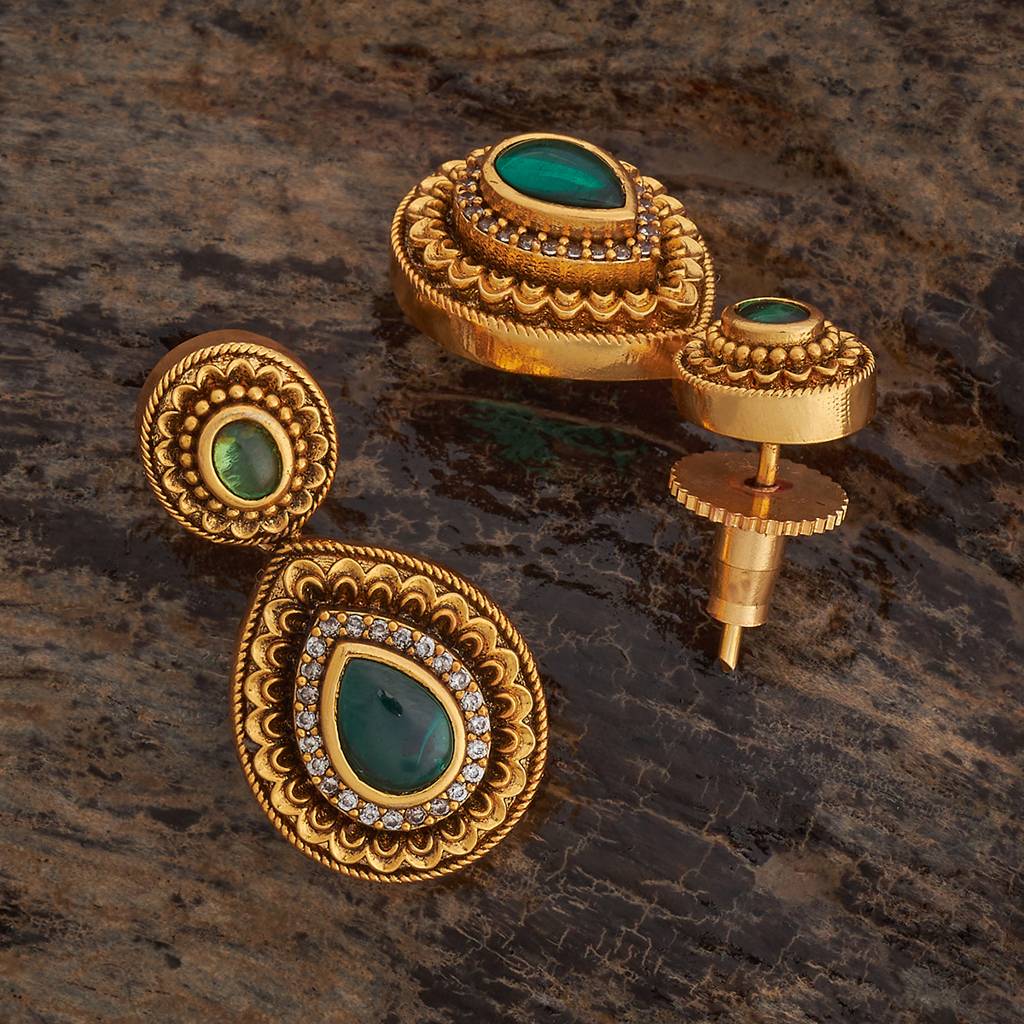 Kushal'S Fashion Jewellery Green Gold-Plated Ethnic Antique Earring Drop Earrings-182375 : 435579