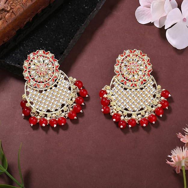 Estele Gold Plated Fascinating Gehena Drop Earrings With Ruby Beads For Girls & Women : PJ-011-IGRBER