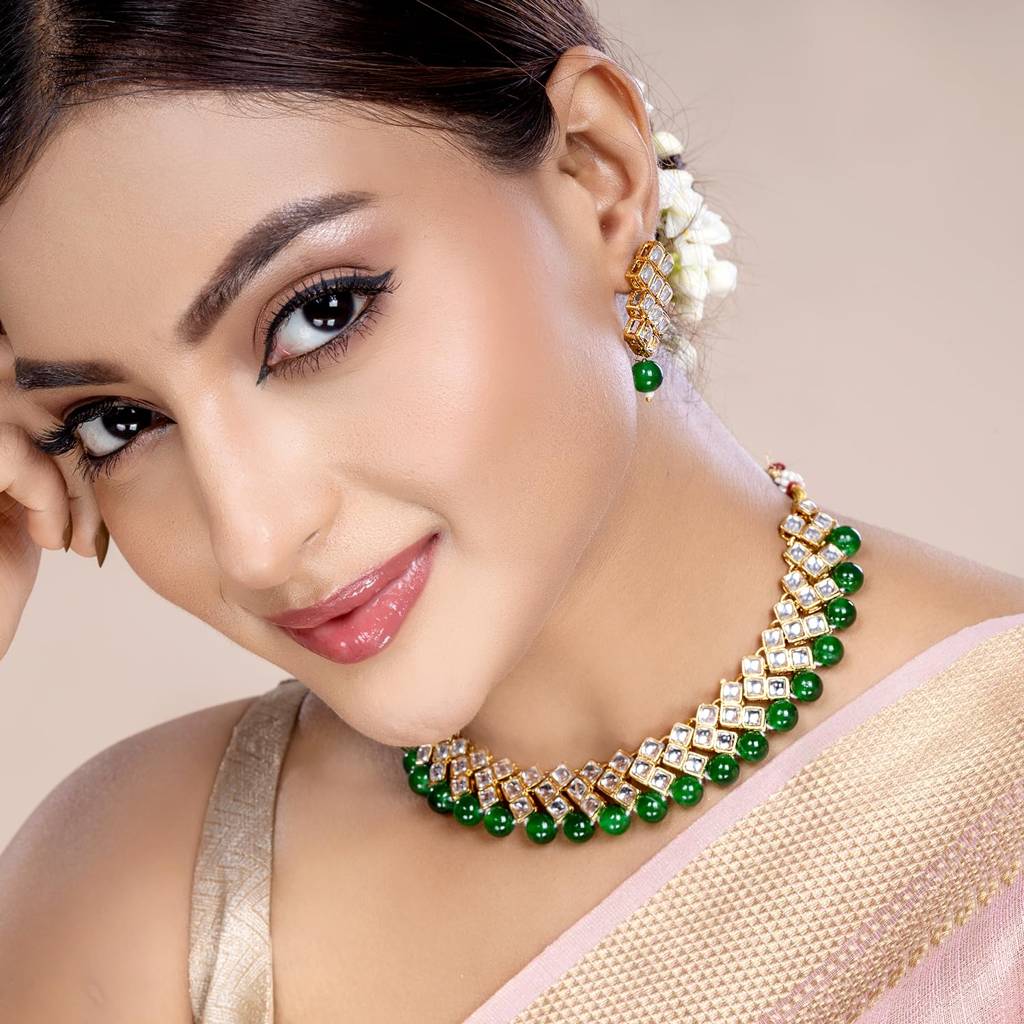 Gold Plated Indian Ethnic Kundan Pearl Fancy Bridal Traditional Choker Necklace Jewellery Set With Earrings For W : PF25N1018G