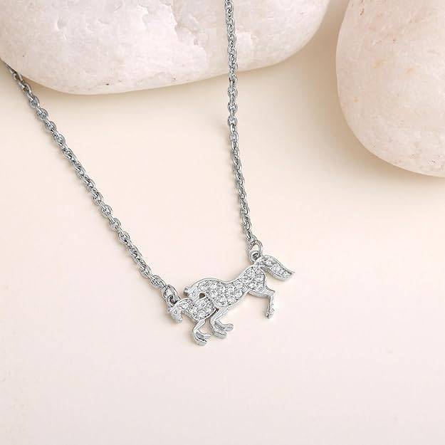 Rhodium Finish Horse Pendant Necklace With Crystal Detailing For Women & Girls : OSAK034-IRWEPENDANT
