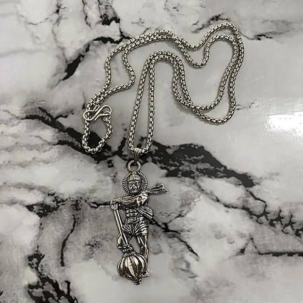 Gehena By Estele Powerful Bajrangbali Hanuman Ji With Gada (Mace) Locket Pendant For Men: Silver Oxidize : OSAK048-IROXPENDANT