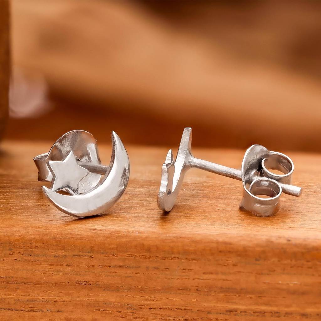 925 Silver Moon & Star Stud Earrings Gold & Silver Finish Celestial  Jewelry : SE_000873