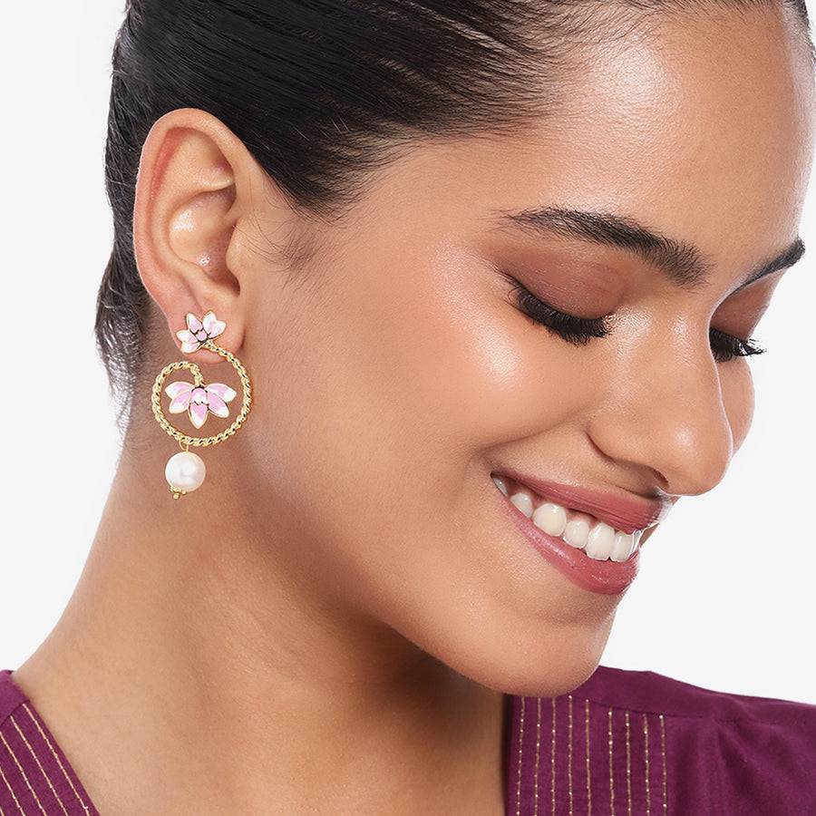 Estele Gold Plated Pink Enamel Lotus Designer Pearl Drop Earrings For Girl'S & Women : 799705-IGER