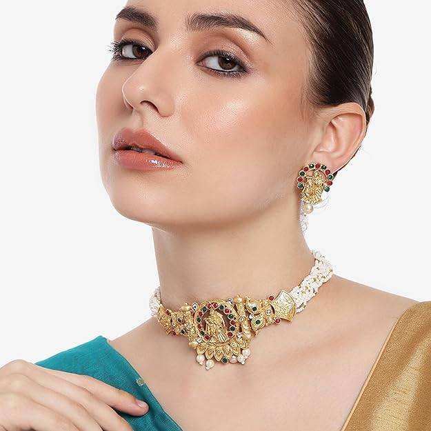 Estele Gold Plated Radha Krishna Gehena Necklace Set With White Pearls For Women : PJ-018-IGRBGNNKER