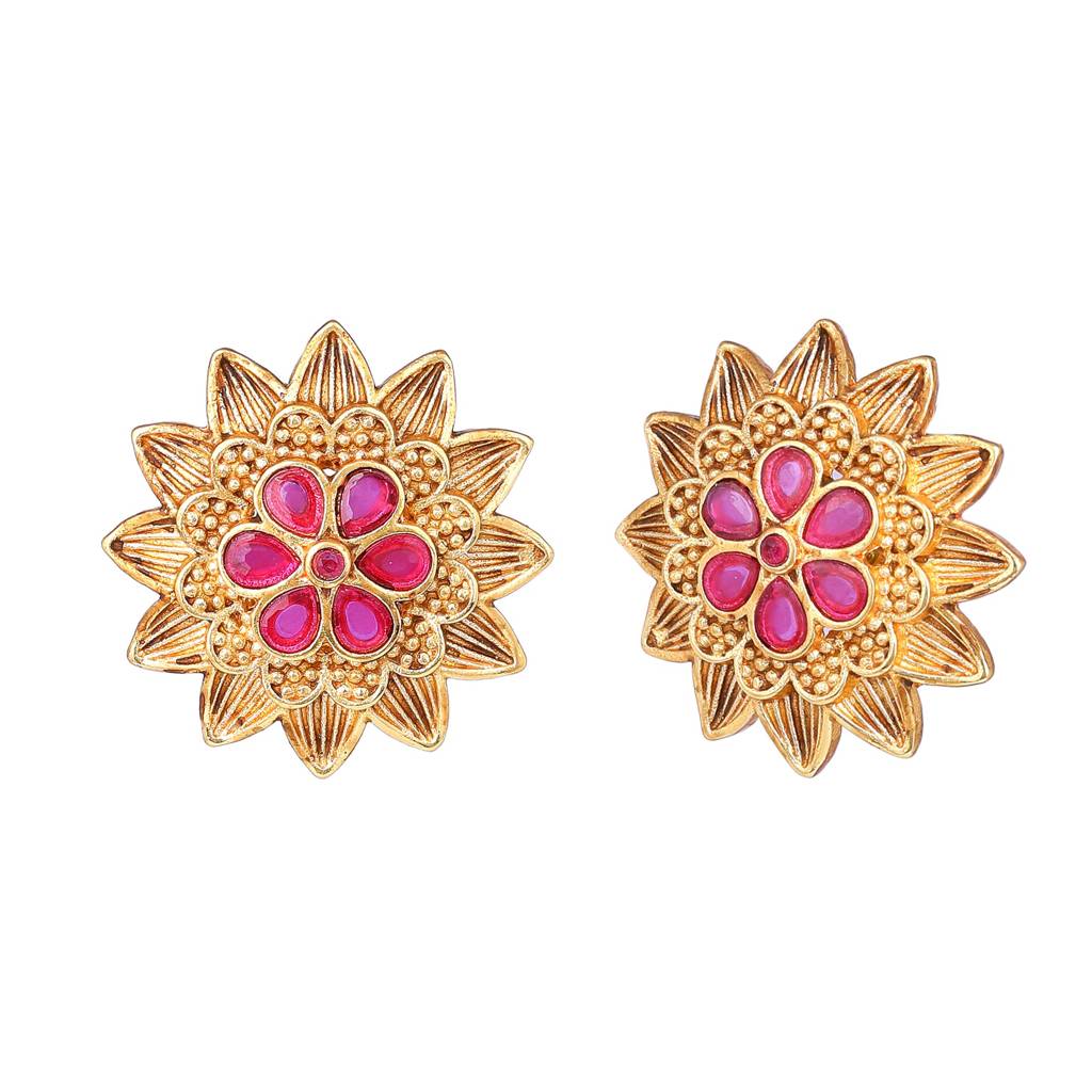 Estele Gold Plated Flower Designer Matte Finish Stud Earrings With Ruby Crystals For Women : AD-116712-IGRBER