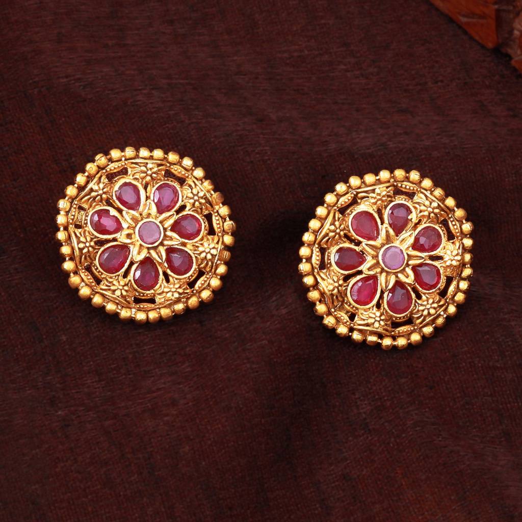 Estele Gold Plated Floral Designer Matte Finish Stud Earrings With Ruby Crystals For Women : AD-116714-IGRBER