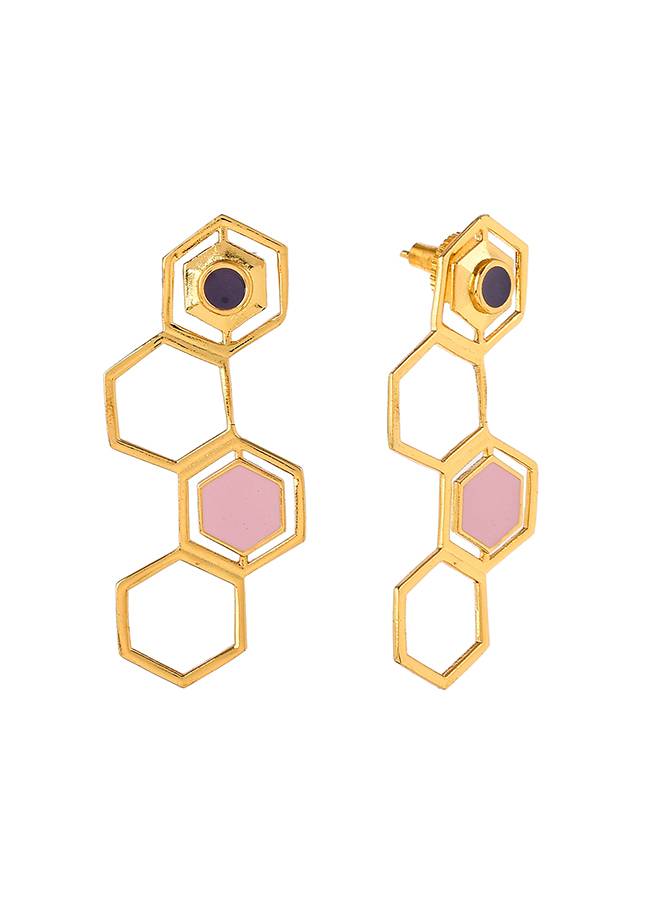 Benzene Gold Plated Hexagon Drop Earrings : 8905124456721