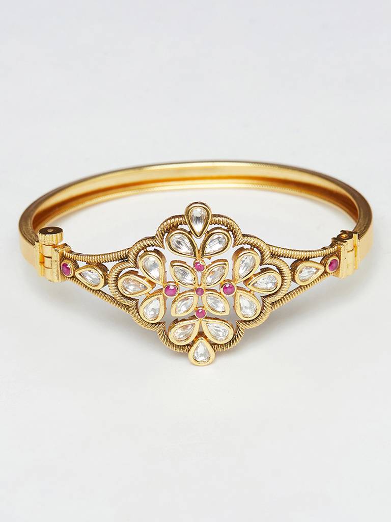 Ethnic Style Kundan Embellished Gold Plated Cuff Bangle : 8905124456875