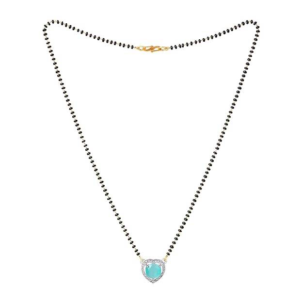 Gold & Rhodium Plated Elegant Heart Pendant Mangalsutra Chain With Black Beads & Mint Green Crystal For W : OSAKMS001-2TNMGNK