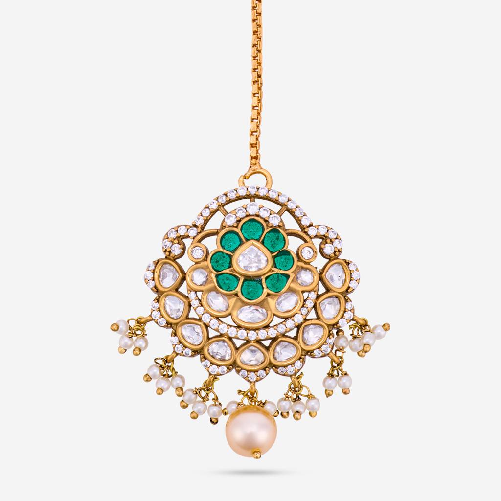 Green Victorian-Plated Ethnic Kundan Maang Tikka  -442203 : 442203