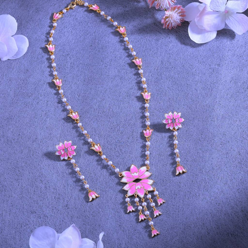 Estele Gold Plated Enchanting Lotus Designer Pearl Necklace Set With Pink Enamel For Girl'S & Women : 10193-IGNKER