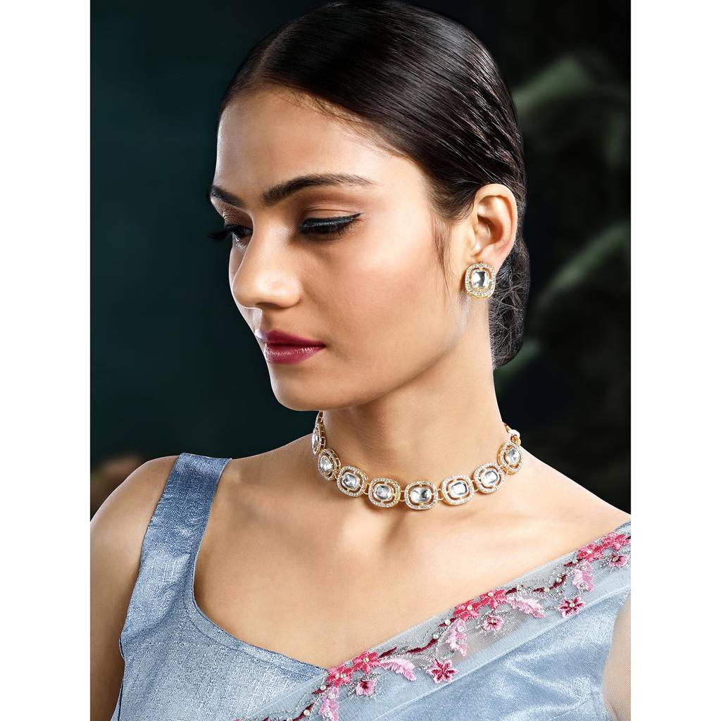 Gold Plated White Synthetic Stone Studded Fancy Choker Necklace & Stud Earrings Fashion Jewellery Set Gift For Wom : PF09N387W