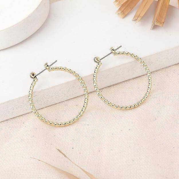 Estele Gold Tone Twisted Rope Metallic Hoop Earrings For Women & Girls : 800708-YBER