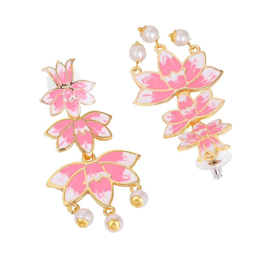 Estele Gold Plated Pink Enamel Lotus Designer Ravishing Pearl Drop Dangler Earrings For Girl'S & Women : 799701-IGER