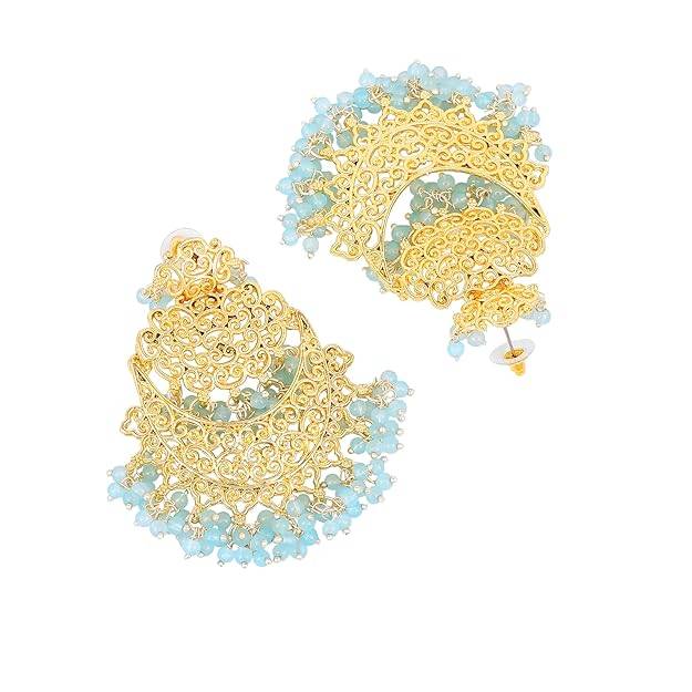 Estele Gold Plated Trellis Gehena Chandbali Earrings With Blue Beads For Women : PJ-007-IGBLER