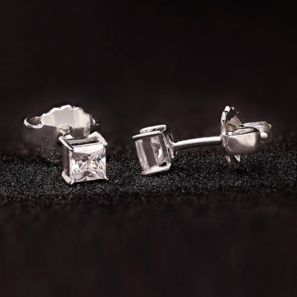 925 Silver Princess Cut Cz Stud Earrings | Square Sparkle Minimalist Jewelry Gift : SE_000742