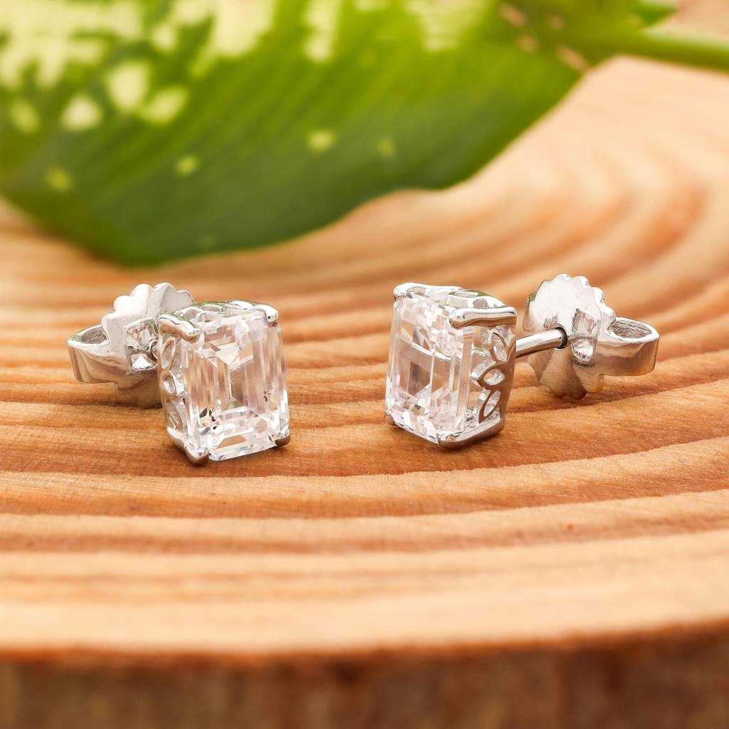 925 Silver Emerald Cut Cz Stud Earrings Â Minimalist Dainty Jewelry : SE_000588