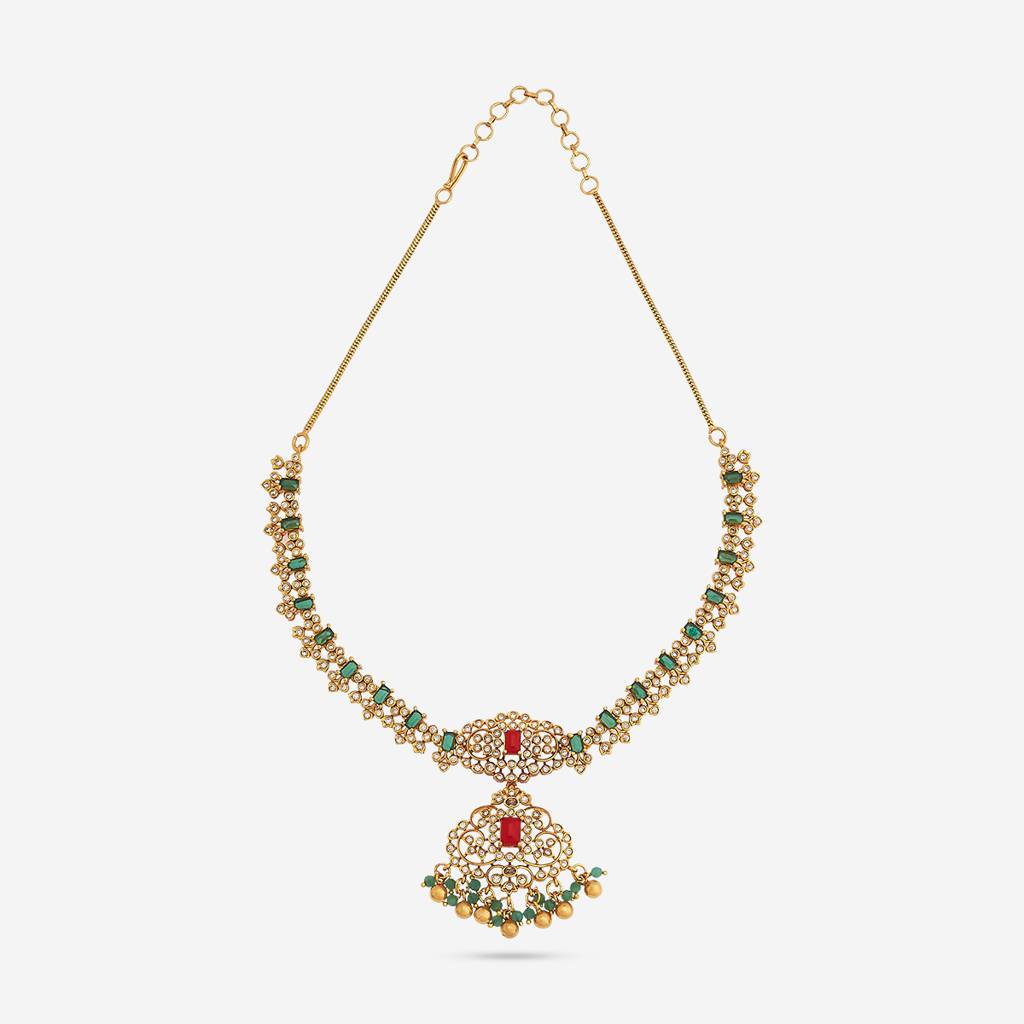 Kushal'S Fashion Jewellery Green Gold-Plated Ethnic Antique Necklace And Earring Set  -183455 : 438076