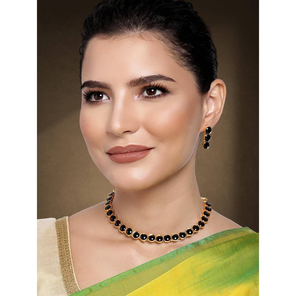 Gold Plated Choker Necklace With Drop Earrings Traditional Jewellery Set For Women Girls-Pf04N3392 : PF04N3392BL