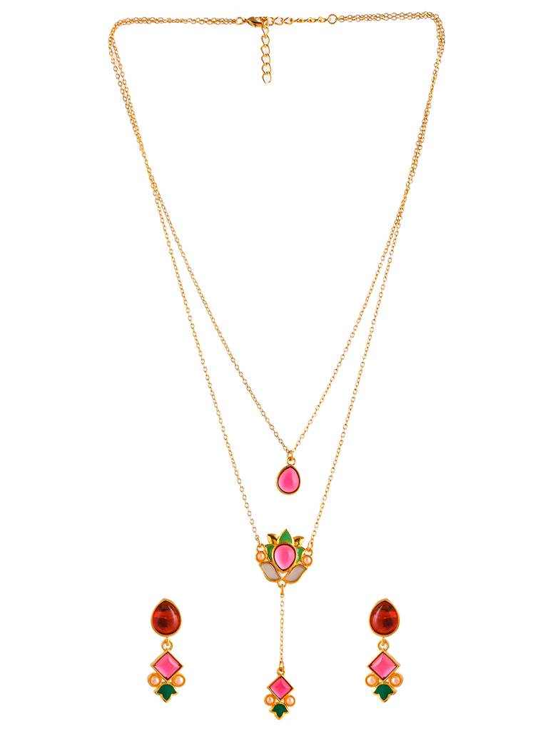 Forever More Pink Stones Enamelled Layered Necklace Jewellery Set : 8905124498189