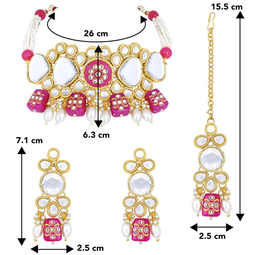 Gold Plated Kundan Beads Studded Choker Necklace Dangle Earrings & Maangtikka Set Ethnic Fashion Jewellery Gift F : PF25N080RP