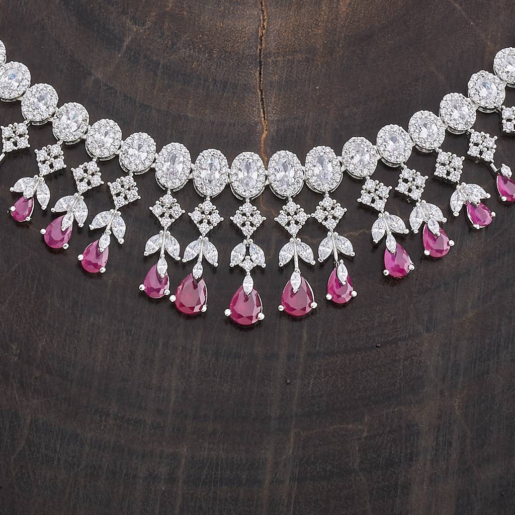 Kushal'S Fashion Jewellery Ruby Rhodium-Plated Cubic Zirconia Studded Jewellery Set-177113 : 424590