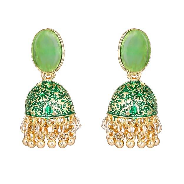 Estele Gold Plated Traditional Gehena Jhumka Earrings With Green Enamel For Women : PJ-002-IGGNER
