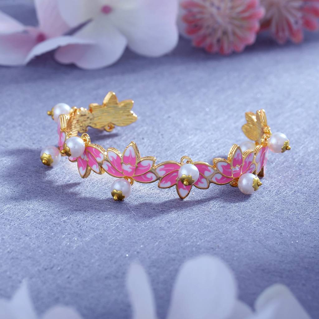 Estele Gold Plated Pink Enamel Lotus Designer Charismatic Pearl Drop Cuff Bracelet For Girl'S & Women : AD-060-IGBR