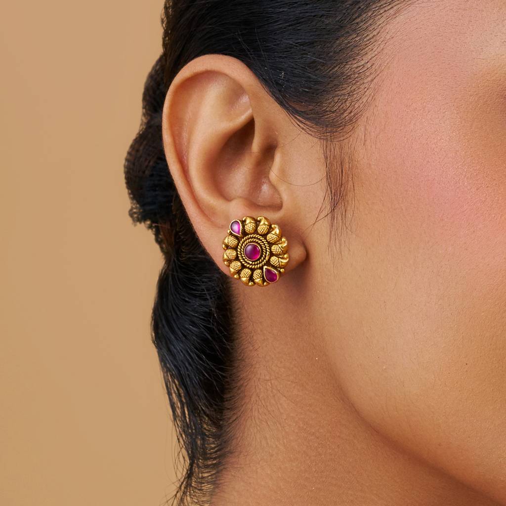 Kushal'S Fashion Jewellery Oxidised Gold-Plated Ethnic 92.5 Pure Silver Temple Studs-177427 : 425366