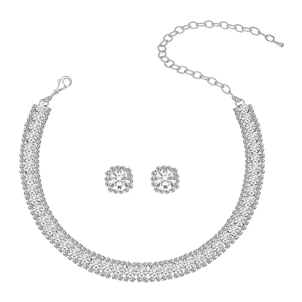 Silver Plated Crystal & Cubic Zirconia Studded Necklace And Stud Earring Stylish Jewellery Set For Women & Girl : PX9N96