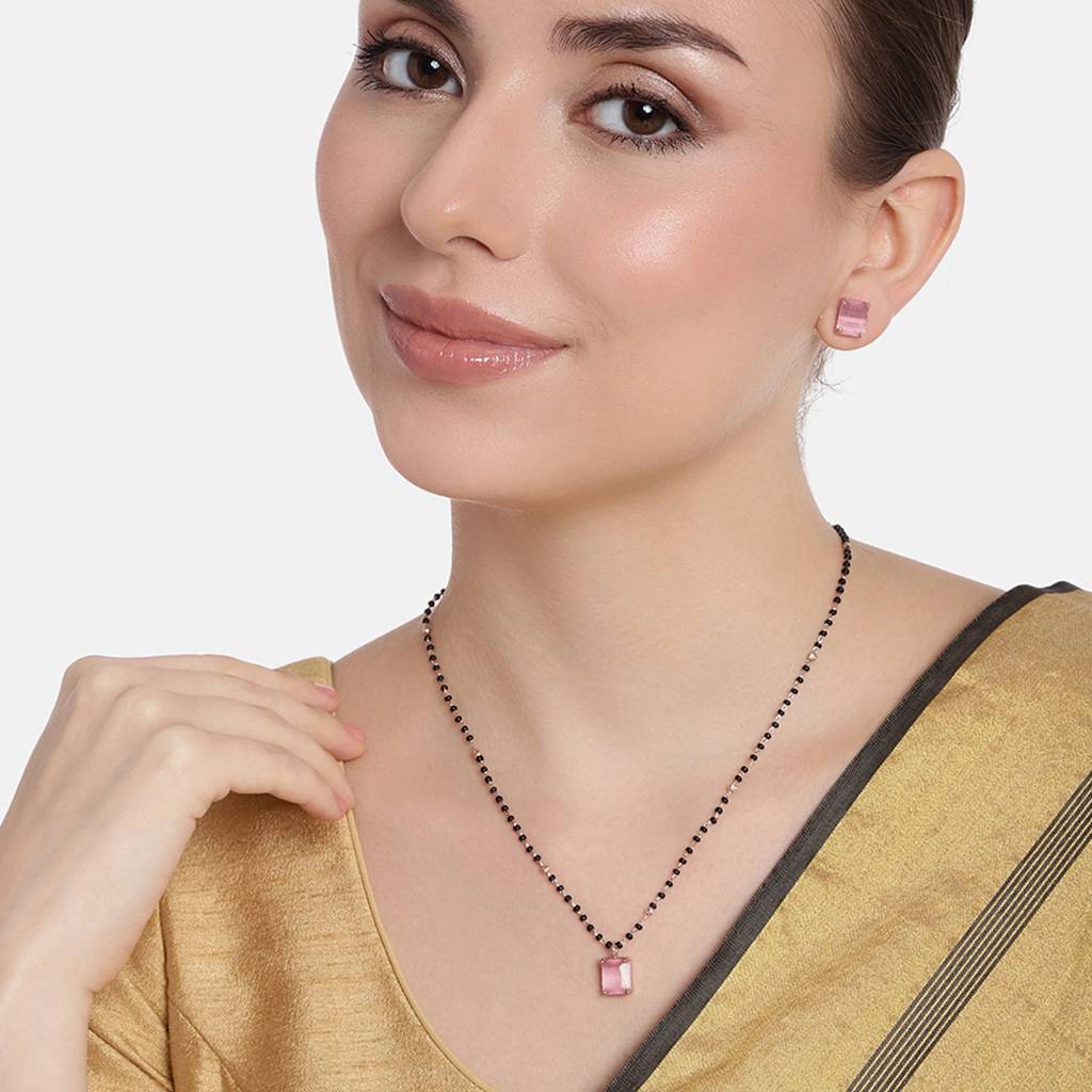 Estele Rose Gold Plated Cz Mangalsutra Necklace Set With Mint Pink Stones For Women : ADMS039-RGMPNKER