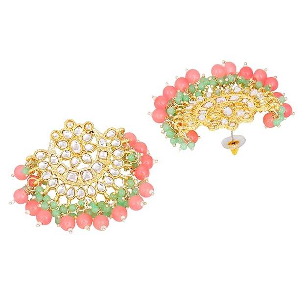 Estele Gold Plated Floral Gehena Necklace Set & Maang Tikka With Mint Pink Beads For Women : PJ-035-IGMGMPNKERTK