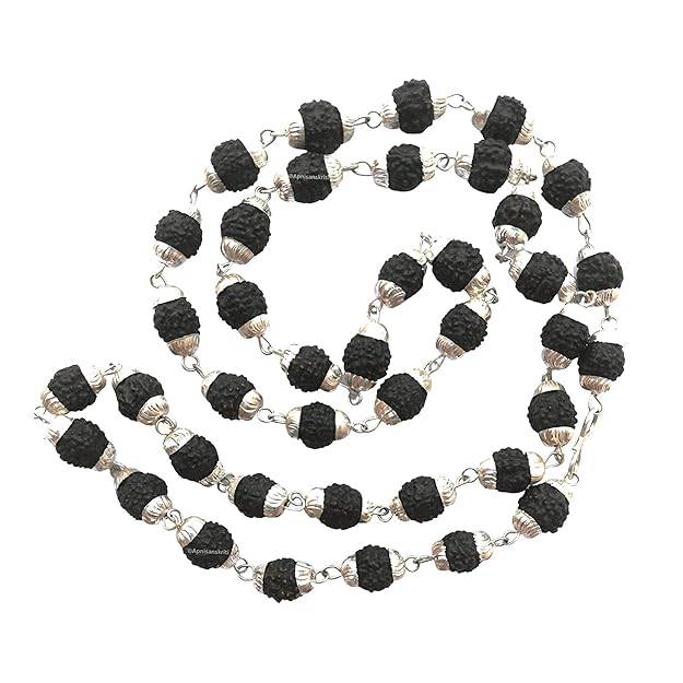 Trendy Black Rudraksha Beads Mala With Silver Finish Caps For Devotional & Festive Wear : OSAK017-IRBKCHAIN