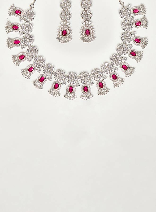 Cz Elegance Red And White Gems Necklace Set : 8905124459203