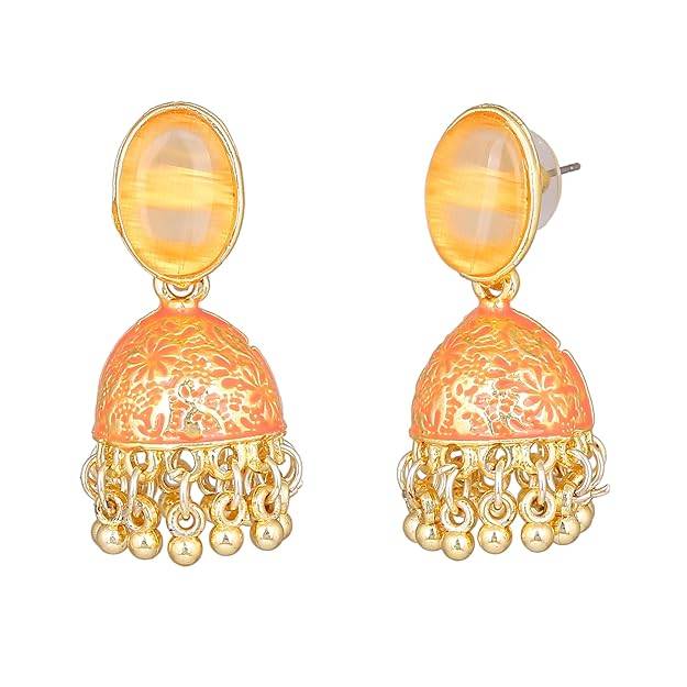 Estele Gold Plated Traditional Gehena Jhumka Earrings With Peach Enamel For Women : PJ-002-IGPHER