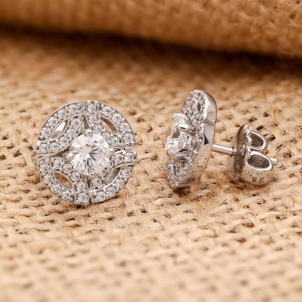 925 Silver Halo Round Cz Stud Earrings | Sparkly Bridal Jewelry Gift For Women : SE_000721