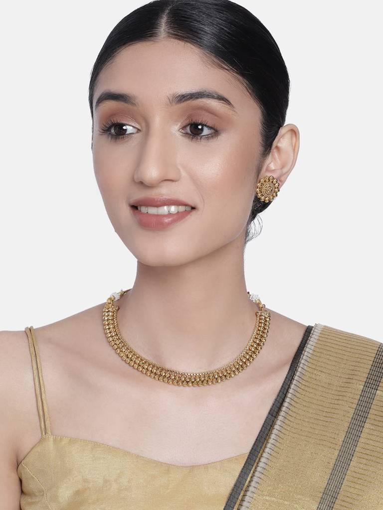 Gold Plated Indian Traditional Choker Necklace With Studded Earrings Jewellery Set Gift For Women Girls : PF27N01