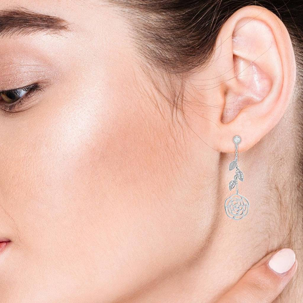 925 Silver Rose Flower Dangle Earrings | Cz Leaf Drop Gift : SE_000756