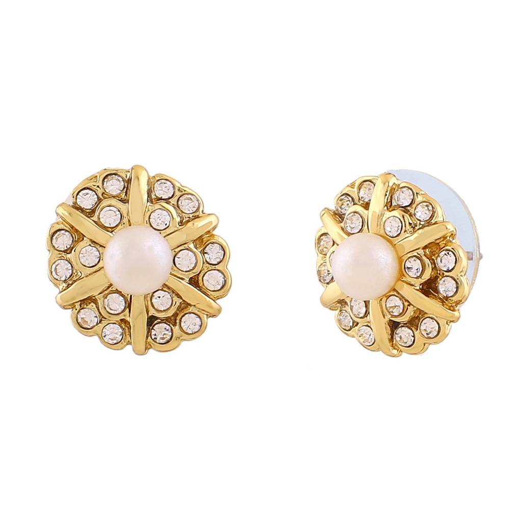 Estele Gold Plated Flower Designer Stud Earrings With Crystals For Women : 696710ER