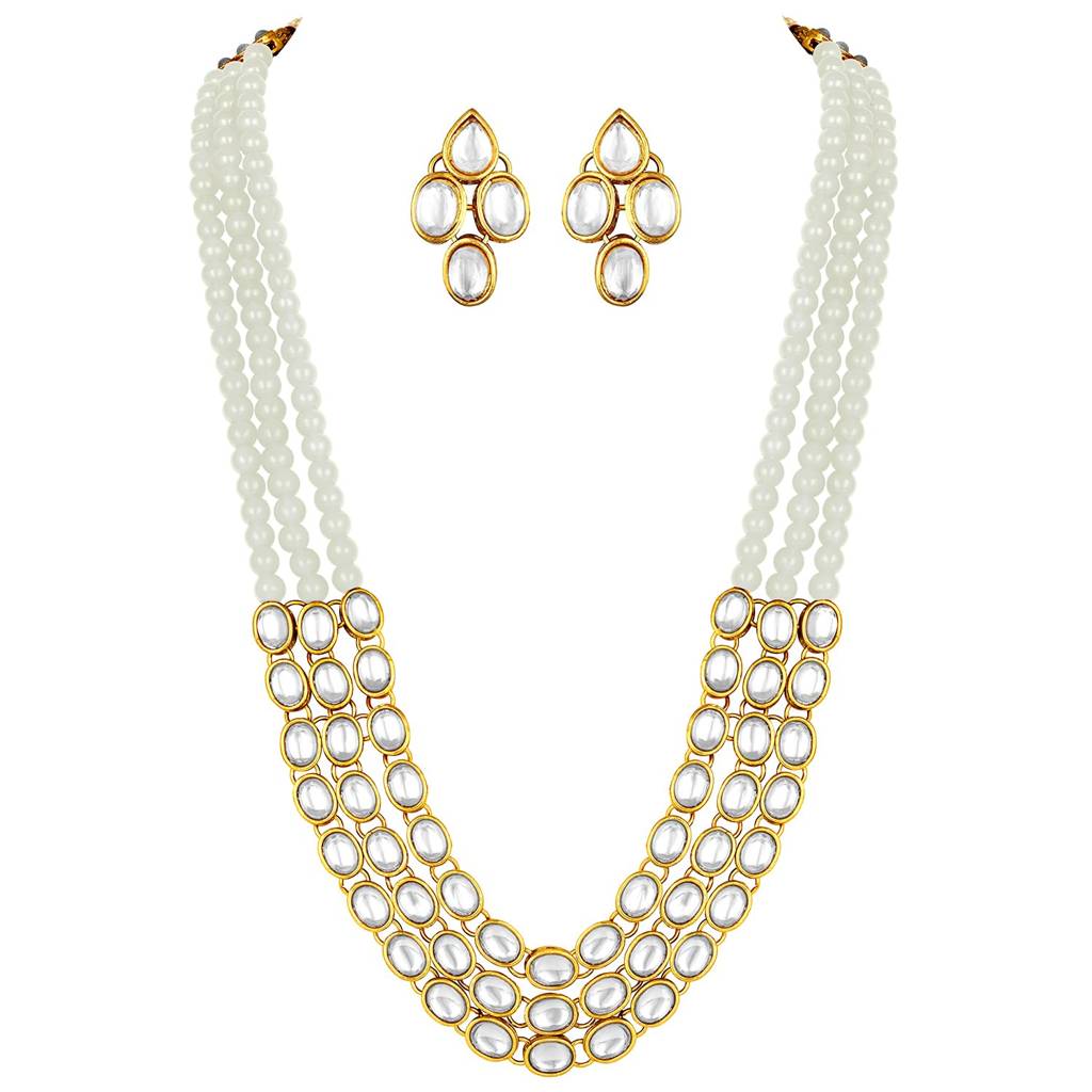 Gold Plated Traditional Kundan Long Necklace Jewellery Set With Earring Gift For Women Girls-Pf26N1171 : PF26N1171W