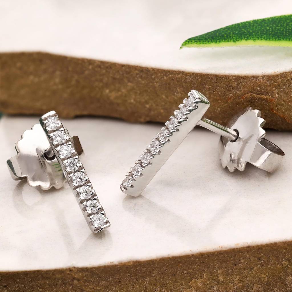 925 Silver Pave Bar Studs | Dainty Minimalist Earrings : SE_000787