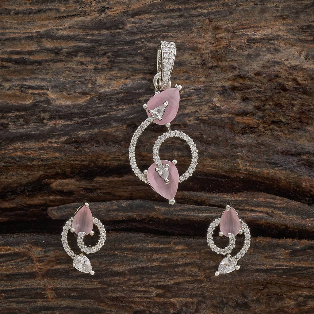 Kushal'S Fashion Jewellery Pink Rhodium-Plated Party Zircon Pendant Earring Set-181550 : 433981
