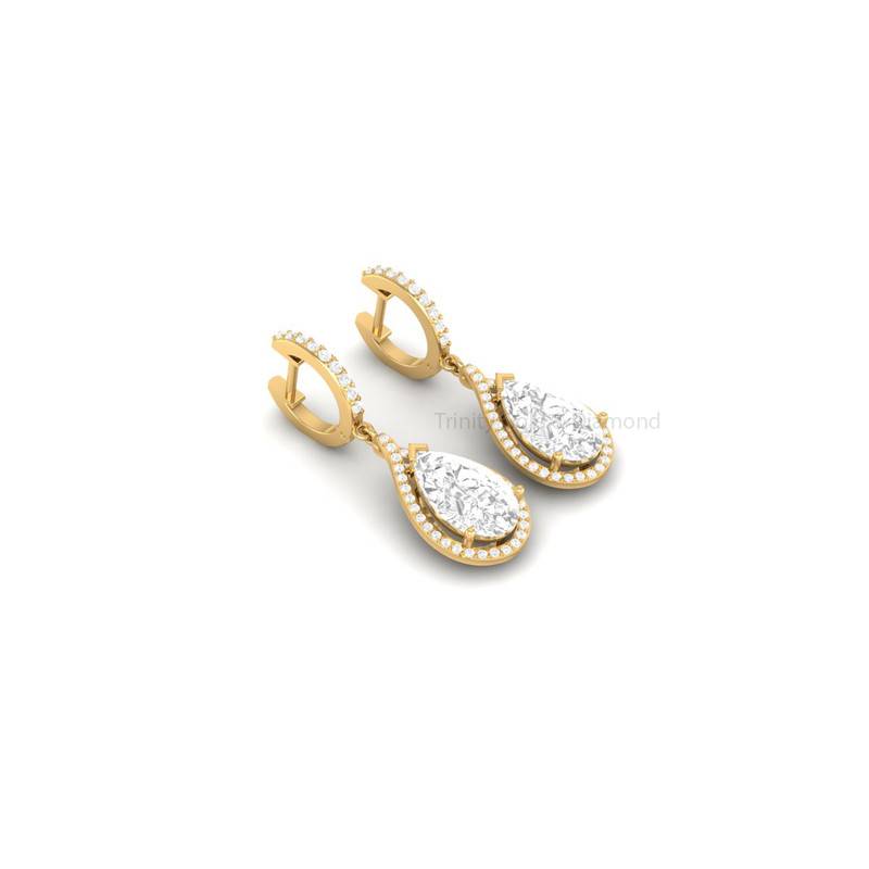 2.0Ct Pear Shape Moissanite Halo Drop Earrings In 14Kt Gold Over Sterling Silver : TGDE-02